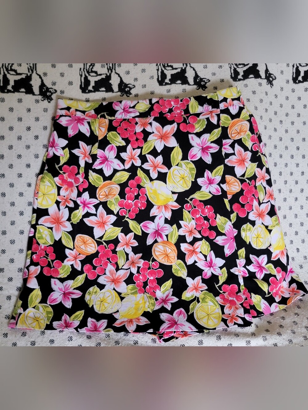 Briggs NY Black Floral Citrus Fruit Print Skort EUC Size 14 Y2K Era!